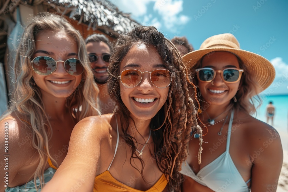 A bubbly group of friends smile for a selfie, with sparkling turquoise ocean behind them A bubbly group of friends smile for a selfie, with sparkling turquoise ocean behind them