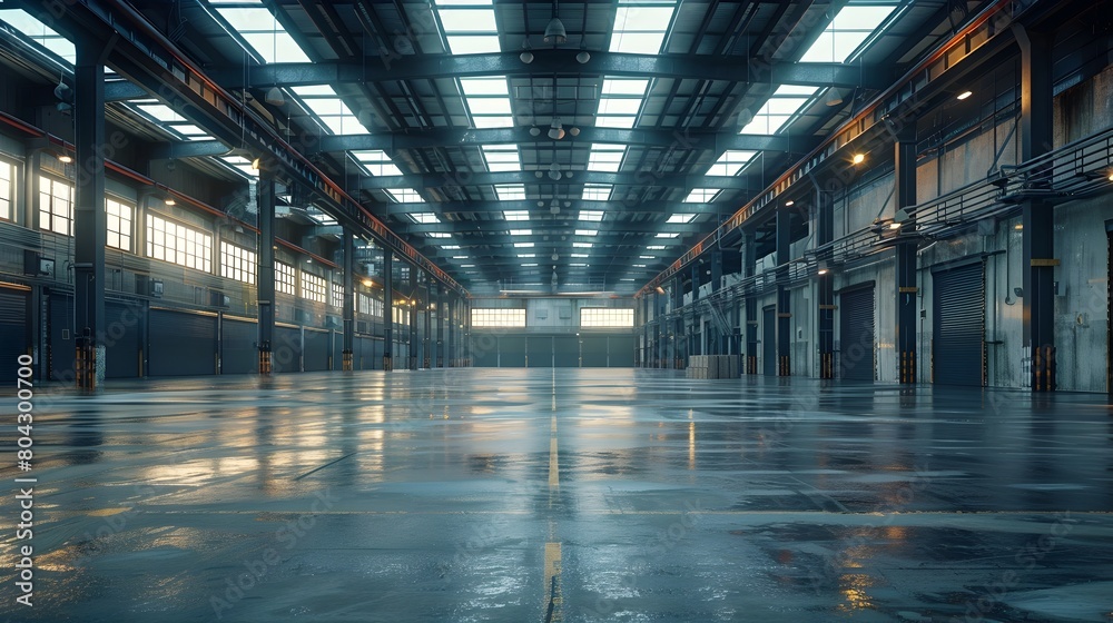 Vast Modern Warehouse Interior: Vacant Industrial Space Awaiting New Purpose