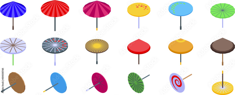 Japanese umbrella icons set isometric vector. Asian parasol. Asia culture fan Japanese umbrella icons set isometric vector. Asian parasol. Asia culture fan