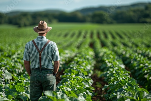 A farmer in a hat and suspenders stands amidst rows of vibrant green crops, surveying the field with a sense of pride and accomplishment © Larisa AI