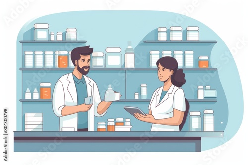 A man and a woman are standing in a pharmacy, looking at shelves of medication and talking to each other photo