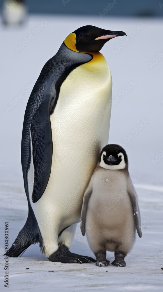 Fototapeta premium Emperor Penguin with Chick in Snowy Antarctic Habitat