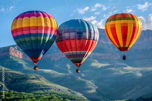 Vibrant Hot Air Balloons Floating Over Majestic Mountain Scenery