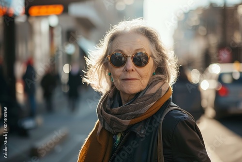 senior caucasian woman in sunglasses in the street of a city, lifestyle candid portrait. Eyewear optics salon banner. 