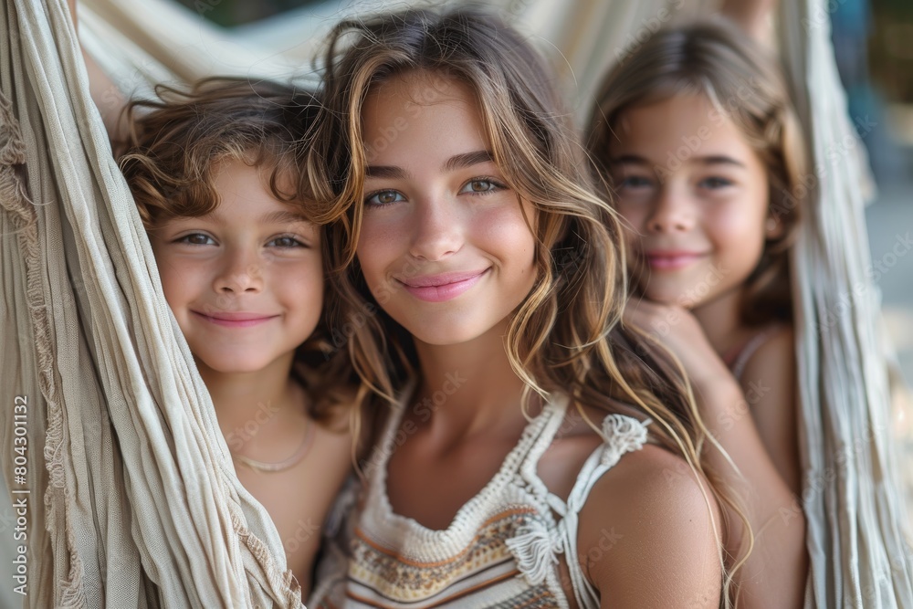 Fototapeta premium Trio of children share smiles and joy while snugly sitting together in a hammock, signifying friendship and relaxation