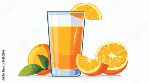Glass of orange juice and fresh fruit on white back