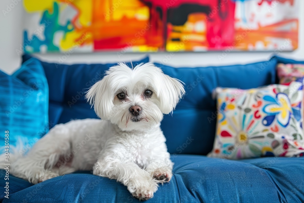 white maltese purebred dog or puppy at maximalist  colorful interior on the couch living luxury life at fancy home
