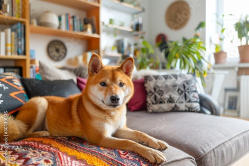 shiba inu Japanese dog purebred at maximalist art nouveau vibrant interior design living room photo