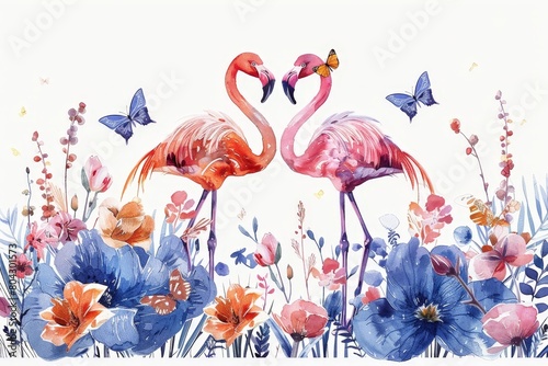 Two Flamingos Standing Together in blue flowering field 