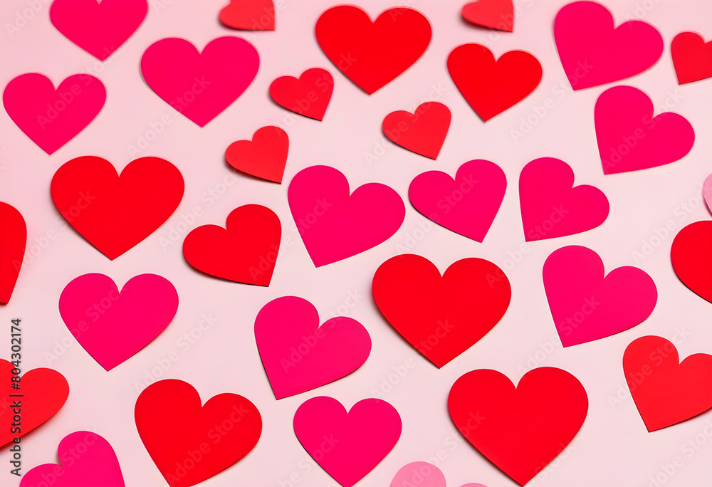 A pink background with red and pink paper hearts scattered across it