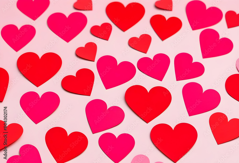 A pink background with red and pink paper hearts scattered across it A pink background with red and pink paper hearts scattered across it