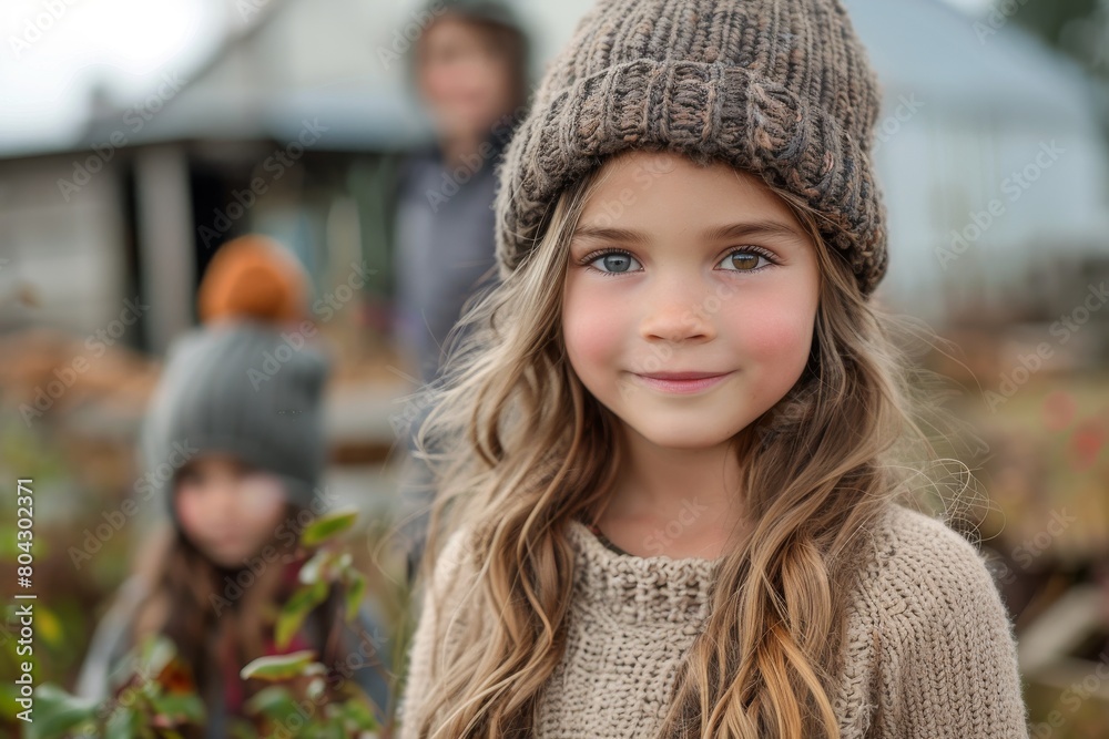 An adorable girl in a cozy knitted hat and sweater beams in an outdoor garden setting An adorable girl in a cozy knitted hat and sweater beams in an outdoor garden setting