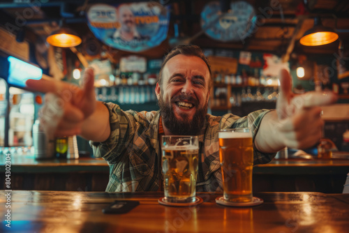 Tipsy man sits in pub and drinks pint of beer. Drunk man has fun in bar with glass of beer photo