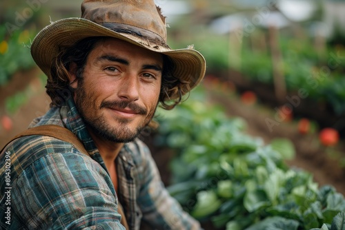 A smiling farmer with a rugged look in a leather hat stands proudly in his organic farm