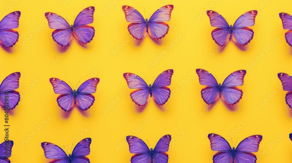 A beautifully arranged pattern of numerous vibrant violet butterflies set against a striking yellow backdrop, conveying a sense of serenity and natural beauty. A beautifully arranged pattern of numerous vibrant violet butterflies set against a striking yellow backdrop, conveying a sense of serenity and natural beauty.