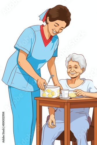 A nurse is helping an elderly woman to eat, providing supportive care and assistance during mealtime. The elderly woman is seated at a table, while the nurse is feeding her with care and attention