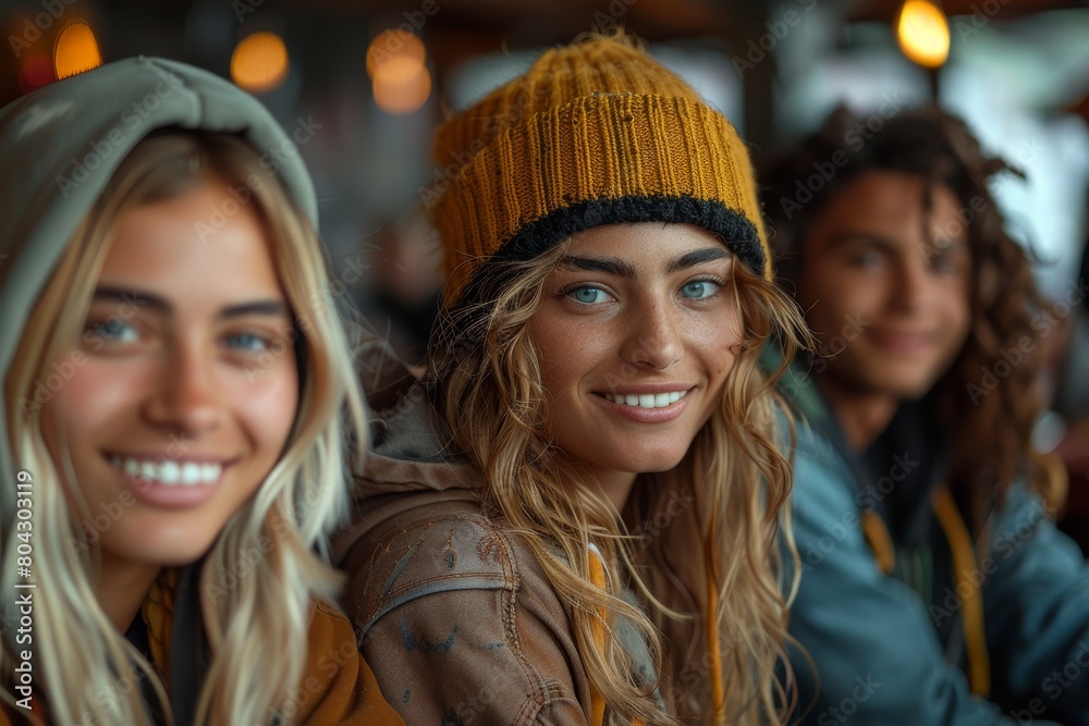 Two vibrant young women with bright smiles outdoors, wearing warm clothing and knitted hats, with a soft-focus background Two vibrant young women with bright smiles outdoors, wearing warm clothing and knitted hats, with a soft-focus background