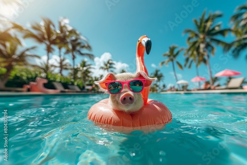 A happy pig in sunglasses relaxes in the pool in a flamingo-shaped swimming ring. Concept of tourism, holiday, vacation. © AIExplosion