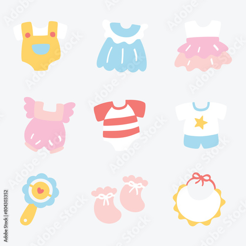 Baby cloths and accessories in pastel icons