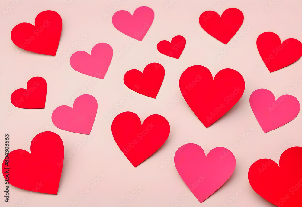 A pink background with red and pink paper hearts scattered on it