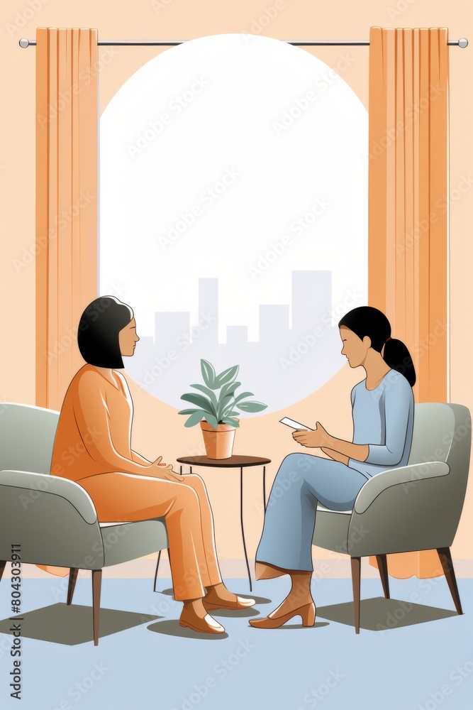 A woman is seated in a chair engaged in conversation with another woman facing her. They appear attentive and engaged as they communicate A woman is seated in a chair engaged in conversation with another woman facing her. They appear attentive and engaged as they communicate