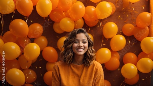 Vibrant Thanksgiving celebration a teen girl's joy enhanced by orange and yellow balloons on an orange backdrop. High-resolution 12K image taken with an 85mm lens, with room for your message photo