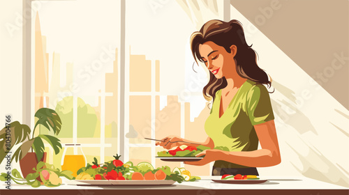 Young woman eating fresh salad at home. Healthy foo photo