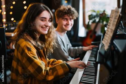 Happy friends enjoying while playing piano and practicing at recording studio