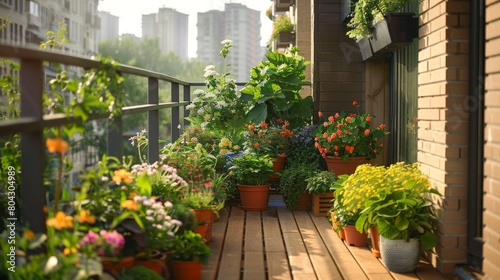 A balcony adorned with various potted plants and colorful flowers under natural sunlight