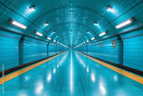 AI generated illustration of a blue-tiled tunnel  electric white lighting