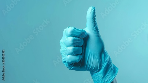 Like, approval of work or research concept. A hand in a blue medical glove shows a thumbs up sign. minimalist art collage photo