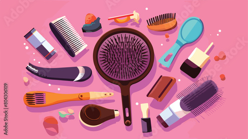 Hair brush combs and cosmetics on color background