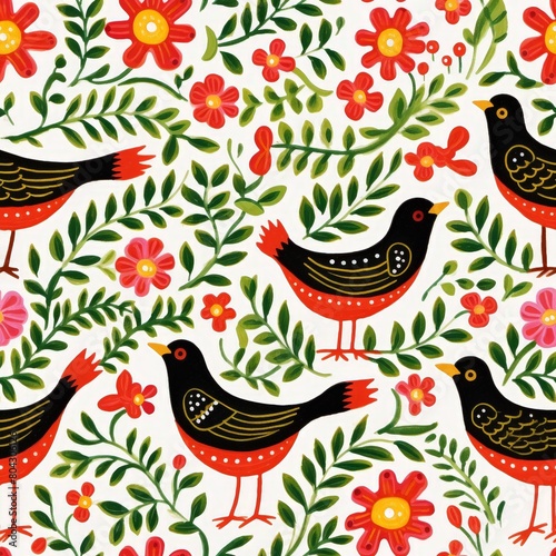 Birds and Flowers Pattern on White Background © AI Exclusive 