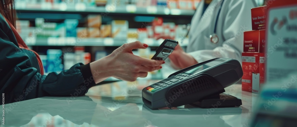 A pharmacist at the pharmacy's cashier counter handles a customer using a contactless payment terminal and an NFC smartphone. This is a close-up of a customer using the terminal to buy prescription