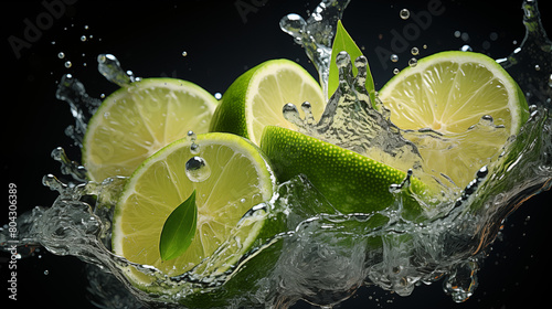 Rangpur lime slices are dropping into a pool of clear liquid photo