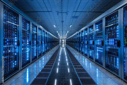 Network servers standing in a row inside a data center.Computer server room.