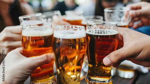 Friends clinking beers in pub, celebrating special occasion with cheers and laughter