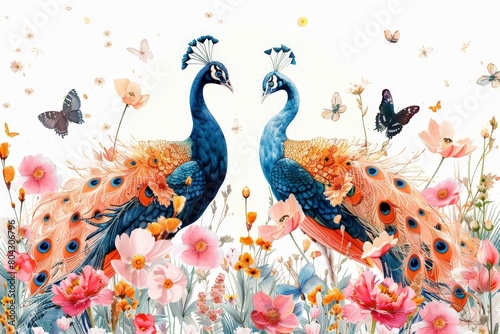 Two Peacocks Surrounded by Flowers and Butterflies photo