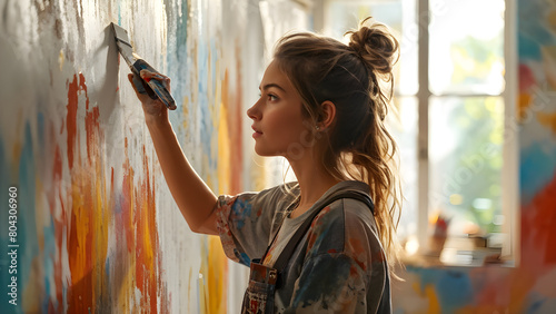 Beautiful woman concentrating on painting art on the wall in her art room photo