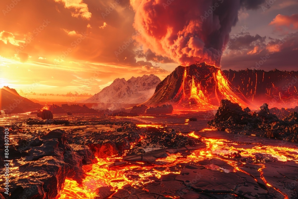 A volcanic eruption with flowing lava in a spectacular landscape.