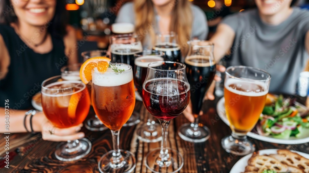Group of friends clinking glasses with assorted beers in a pub for celebration and cheers