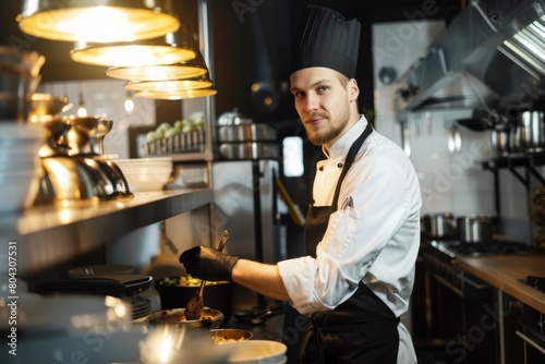 Male chef working at commercial kitchen counter