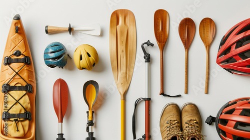 Arrangement of outdoor adventure gear including kayaks, helmets, paddles, and hiking boots neatly displayed against a white background. photo