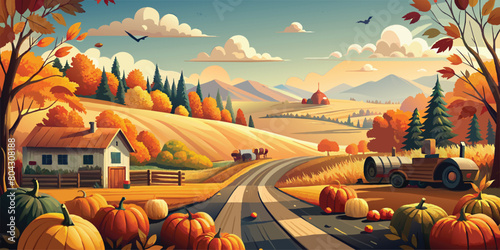 Idyllic Autumn Countryside Landscape with Harvest and Foliage