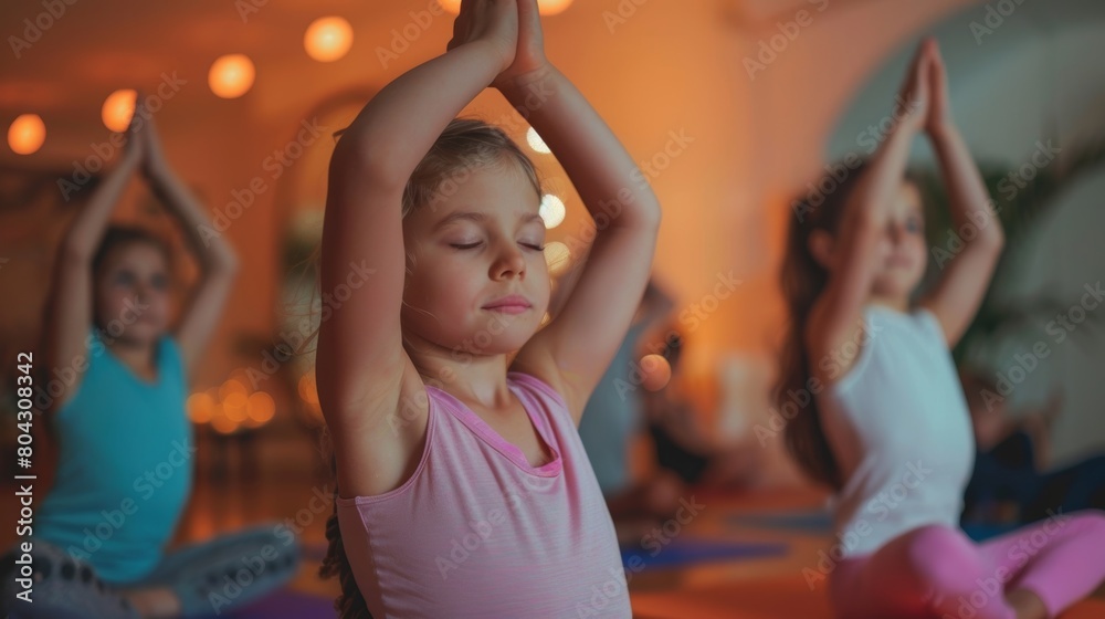 Children and parents participate in a yoga session stretching their bodies and minds together.
