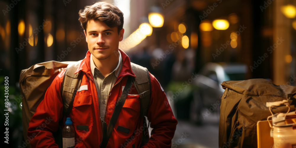 Young man with a red jacket and backpack smiling while delivering packages in a city alley. Generative AI