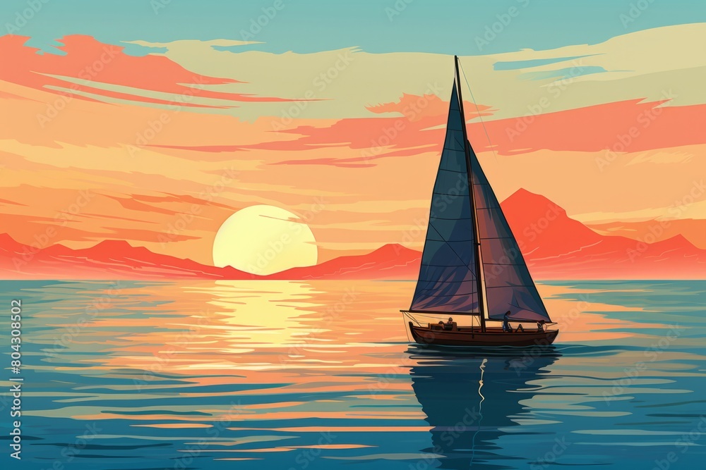 A sailboat gliding through the ocean waters during a tranquil sunset, with the sun dipping below the horizon
