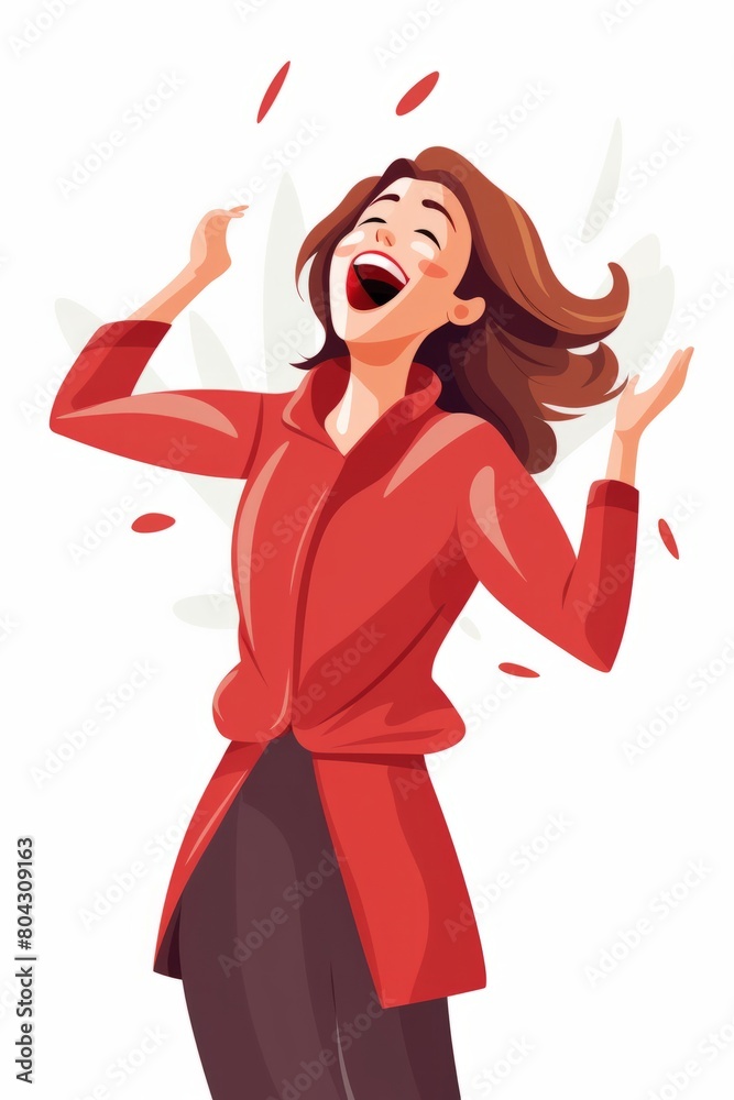 Fototapeta premium A woman is standing in front of a plain white background, throwing her head back in laughter. Her expression is joyful and carefree, capturing a moment of genuine happiness