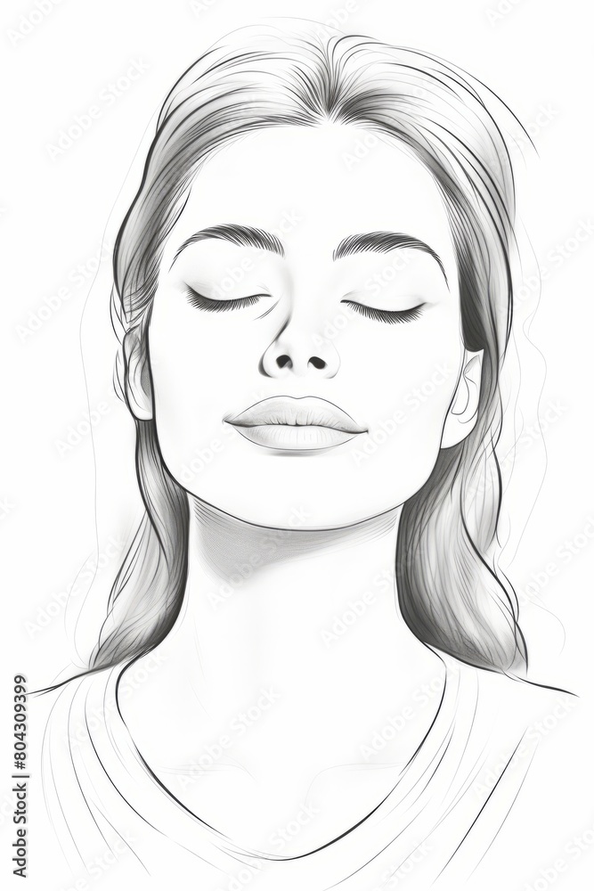 A detailed drawing of a womans face with her eyes closed, showcasing a gentle smile and soft features. The artwork captures a moment of tranquility and introspection A detailed drawing of a womans face with her eyes closed, showcasing a gentle smile and soft features. The artwork captures a moment of tranquility and introspection