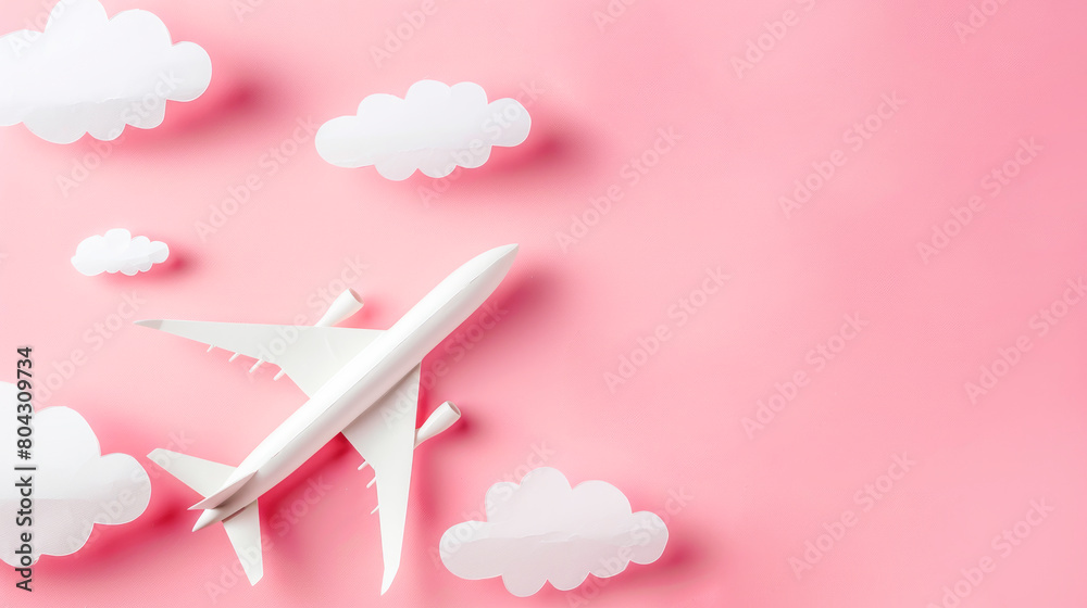 Paper airplane and clouds on a pink background, flat lay, travel concept. Generative AI